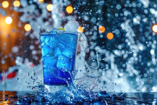 Vibrant Blue Cocktail Splash with Citrus Garnish in Bar Setting