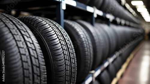Car tires in a warehouse, close-up. Auto service industry