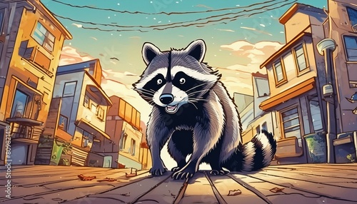 Describe the daily routine of a mischievous raccoon living in an urban neighborhood. photo