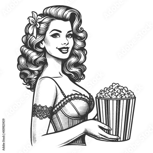 pin-up girl holding a large popcorn bucket, styled in a retro fashion sketch engraving generative ai fictional character vector illustration. Scratch board imitation. Black and white image.