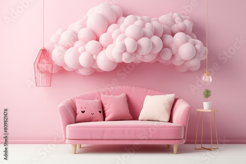 Cozy pink sofa in girly room with pink walls and cloud decorations © Ivanna