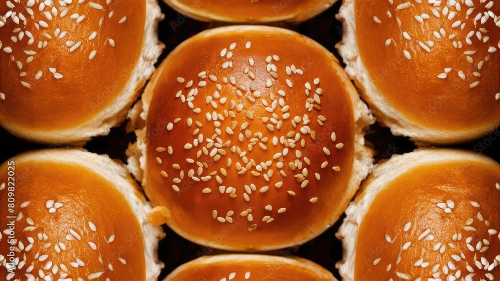 Top view shot of a hamburger bread bun. The freshly baked, golden brown color and a sprinkling of sesame seeds on top Top view shot of a hamburger bread bun. The freshly baked, golden brown color and a sprinkling of sesame seeds on top