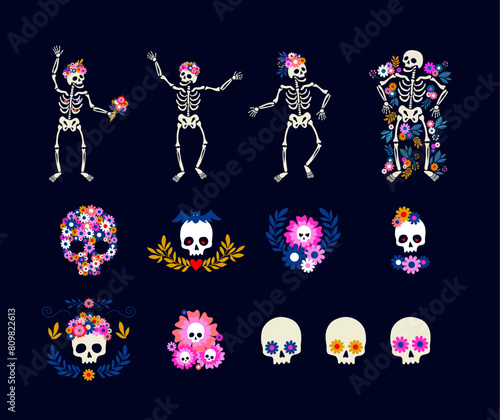 Eerie yet joyful vector clipart set. Featuring cheerful skeletons, skulls with bat and more, in neon colors and gestures. Add enchanting touch of spooky fun to Halloween designs and decorations.