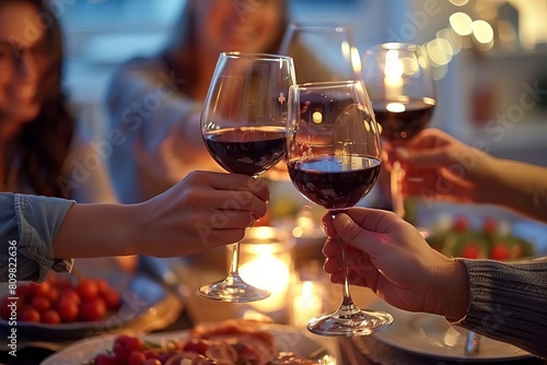 friends toasting with red wine at dinner party focus on celebrating friendship