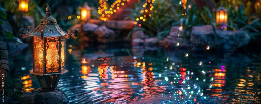 A magical lantern accidentally dropped into a lagoon, illuminating the water with bursts of dazzling, colorful light A magical lantern accidentally dropped into a lagoon, illuminating the water with bursts of dazzling, colorful light