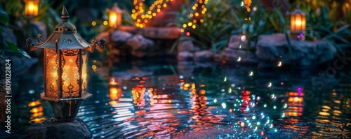A magical lantern accidentally dropped into a lagoon, illuminating the water with bursts of dazzling, colorful light photo