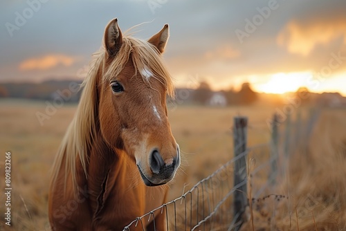 A majestic brown horse contrasts against a stunning golden sunset in the backdrop of a rural landscape photo
