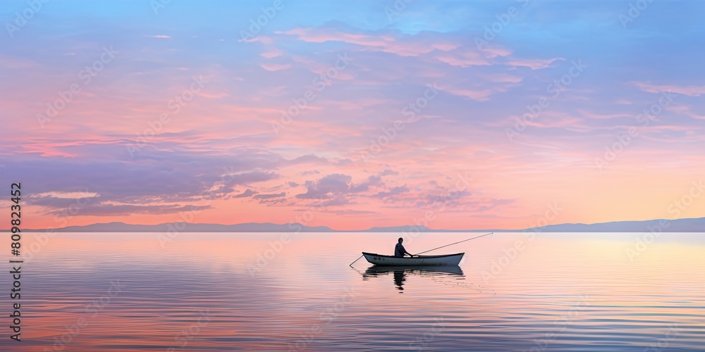 Fototapeta premium Minimalist Twilight: Silhouette of Man in Boat on Quiet Waters