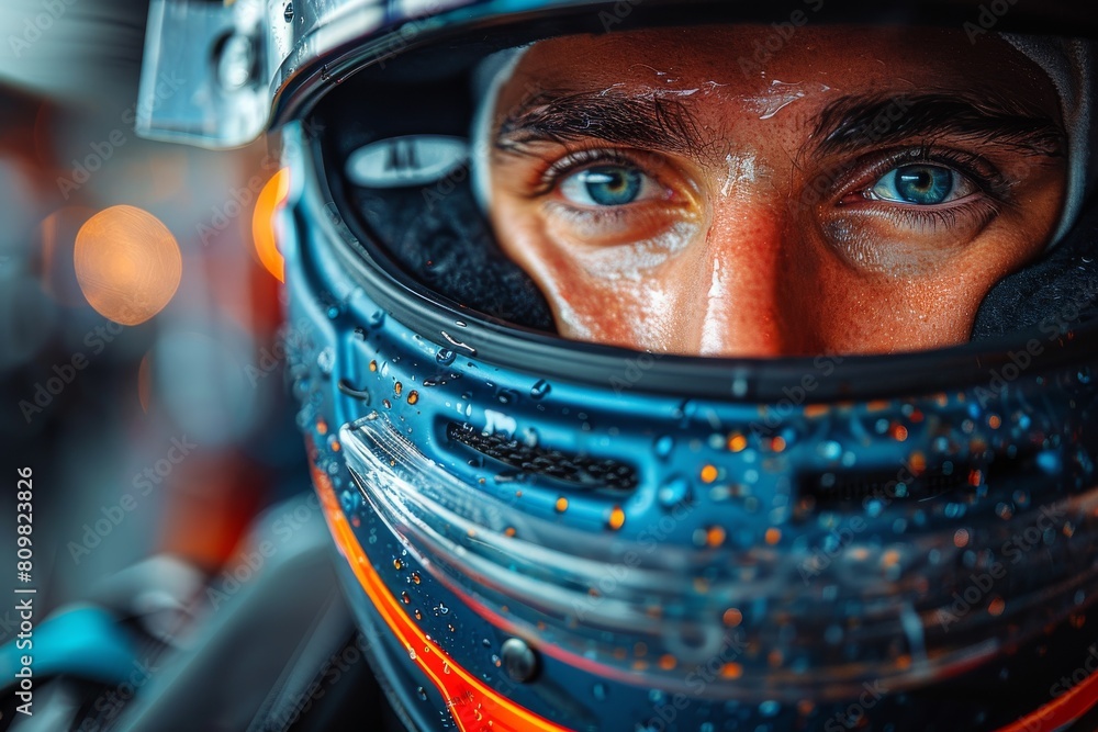 A close-up of a racing helmet reveals striking orange and blue reflections in a soft focus aesthetic A close-up of a racing helmet reveals striking orange and blue reflections in a soft focus aesthetic