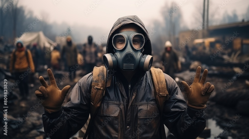Man in Gas Mask and Overalls Gesturing Peace in Post-Apocalyptic Setting Man in Gas Mask and Overalls Gesturing Peace in Post-Apocalyptic Setting