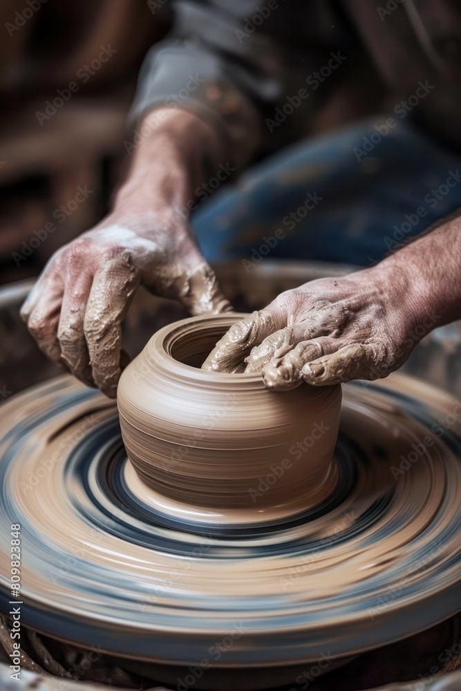 close up of hands making of a ceramic vase on a pottery wheel hobby and leisure