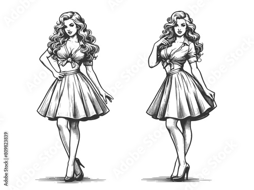 woman in retro fashion posing in two different stylish manners femininity sketch engraving generative ai fictional character vector illustration. Scratch board imitation. Black and white image.