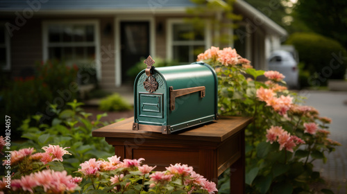 Elegant Green Mailbox Surrounded by Pink Flowers in a Residential Garden photo