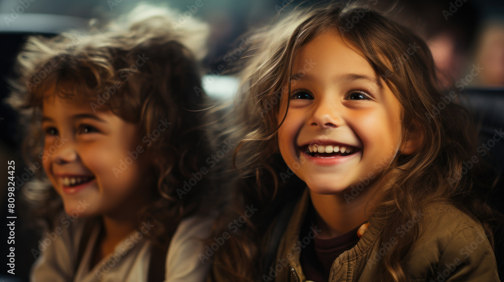 Joyful Children Traveling in the Back Seat of a Car on a Sunny Day Joyful Children Traveling in the Back Seat of a Car on a Sunny Day
