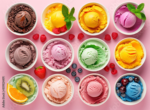 lots of delicious flavors of ice cream  each in its own little white bowl with green leaves on top of the bowl  neatly lined up together to form a top view pattern. The background is pink 