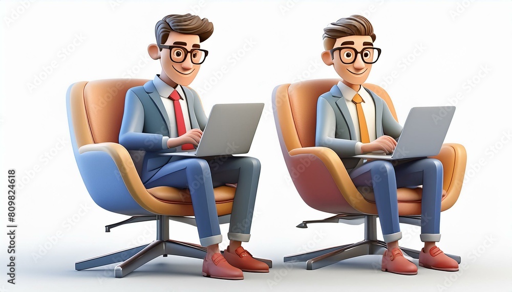 3D illustration of startup concept and business teamwork. Two happy men with laptops sitting