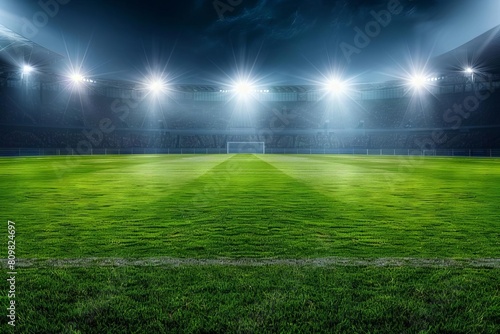 illuminated empty soccer field at night stadium with green grass and spotlights digital background