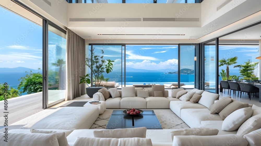 Luxury villa with terrace and floor to ceiling panoramic window with ...