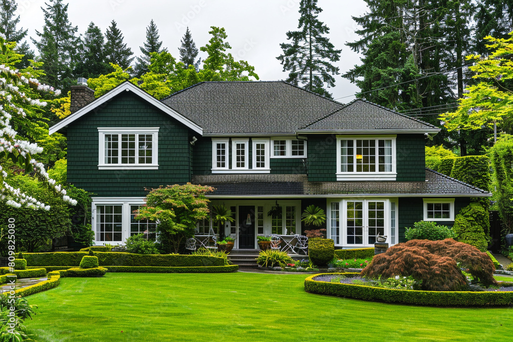 A forest green classic American house in a suburban area, with a landscaped yard and white trimmed windows.