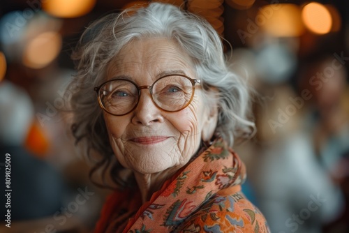 A mature woman with a bright smile and elegant eyeglasses wearing a red patterned scarf