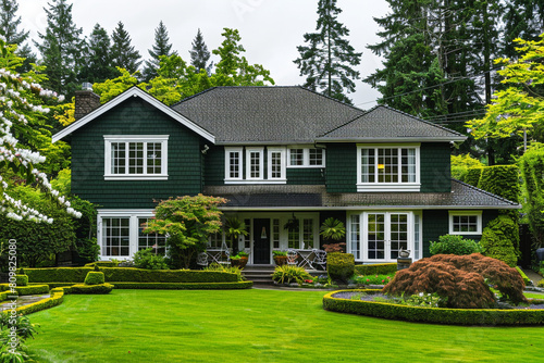 A forest green classic American house in a suburban area, with a landscaped yard and white trimmed windows.