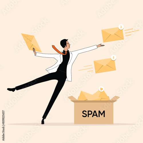 The vector businessman sorts mail, receives messages, sends messages, sends to spam