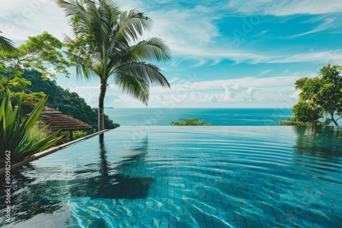 luxurious infinity pool with clear blue water lush greenery and ocean view tropical paradise escape