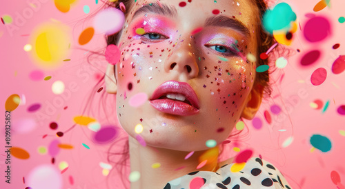 beautiful woman with colorful makeup and glitter on her face, confetti flying around, wearing polka dot , pink background