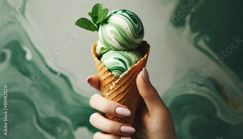 抹茶色のマーブルアイスクリームを手で持つ photo