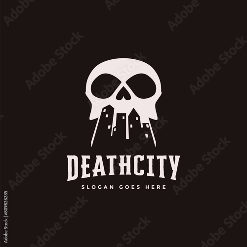 Skull and cityscape, abandoned horror death city logo vector on dark background