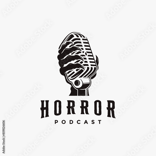 Mystery podcast, Horror podcast logo with microphone and zombie monster evil ghost logo icon vector on white background