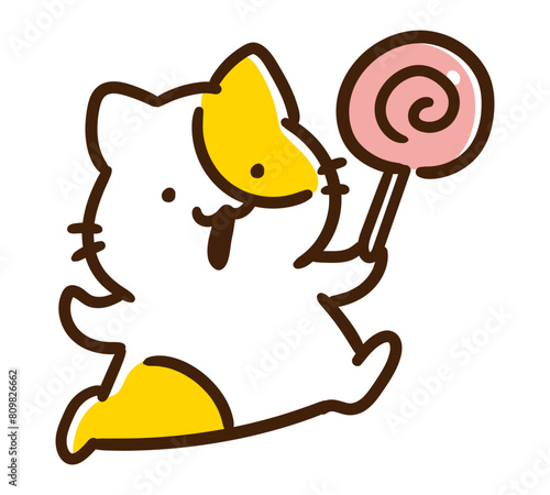 ペロペロキャンディーを持ってご機嫌なかわいいねこのキャラクターのデフォルメイラスト