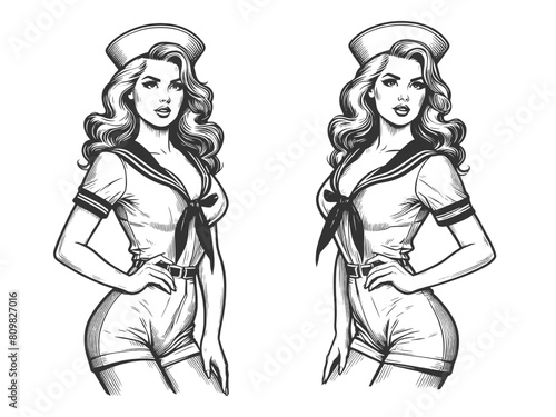 glamorous pin-up girl in a sailor hat exuding charm and a playful nautical theme sketch engraving generative ai fictional character vector illustration. Scratch board imitation. Black and white image.