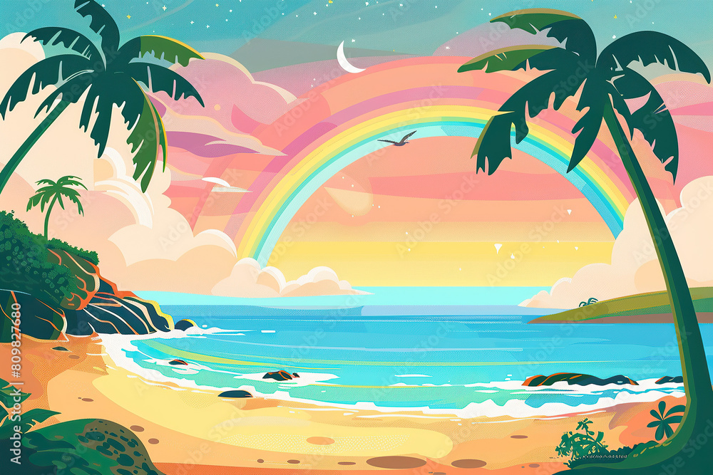 Beach Sea & Rainbow Cartoonish Island, Summer Vacation Mood Illustration