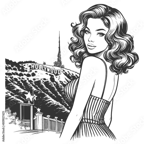 glamorous classic Hollywood woman girl with Hollywood sign sketch engraving generative ai fictional character vector illustration. Scratch board imitation. Black and white image.