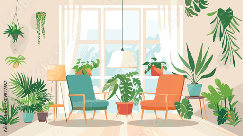 Living room with houseplants and lamp Vector illustration