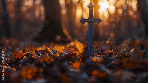 "Forgotten wonderland dagger among autumn leaves, wide angle, golden hour lighting, fantasy photo style