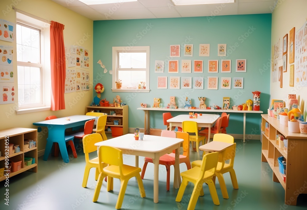 A school classroom with colorful chairs and tables for children A school classroom with colorful chairs and tables for children