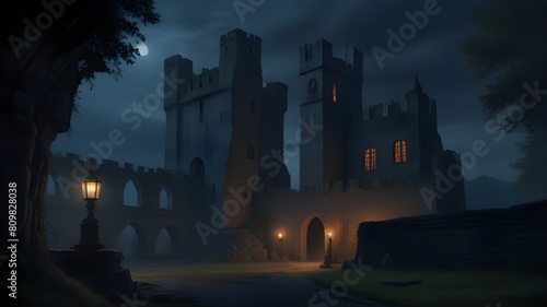 a medieval castle courtyard at dusk photo