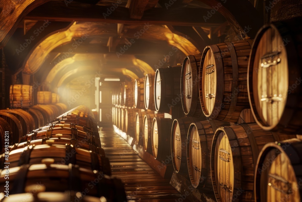 rustic whiskey barrels aging in traditional distillery warehouse warm amber tones 3d illustration