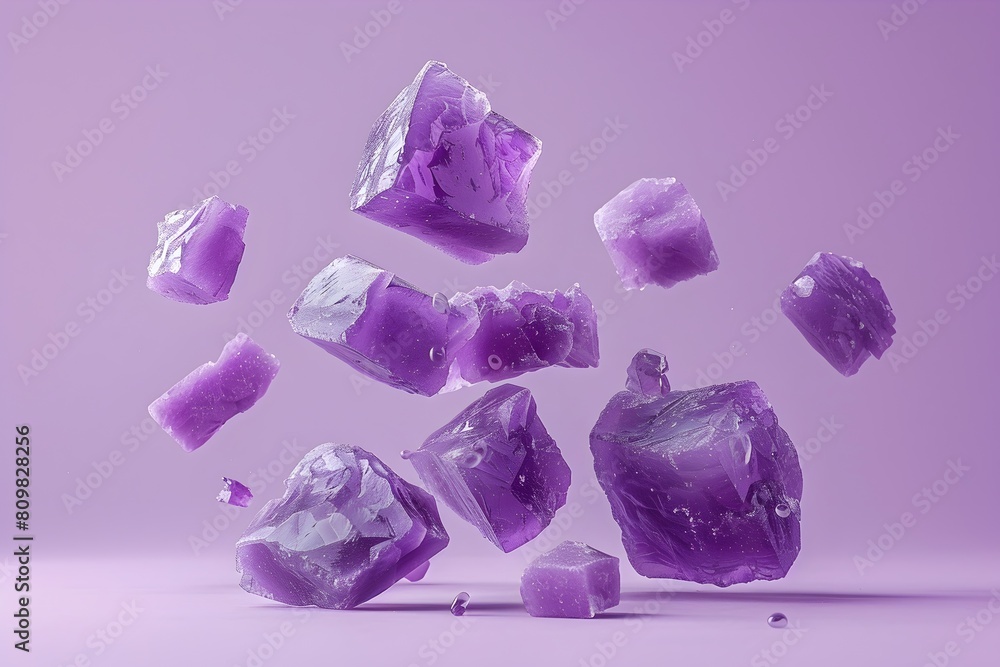 A pile of purple ice cubes, with some of them falling apart. Scene is somewhat chaotic and disordered, as the ice cubes are scattered and broken A pile of purple ice cubes, with some of them falling apart. Scene is somewhat chaotic and disordered, as the ice cubes are scattered and broken
