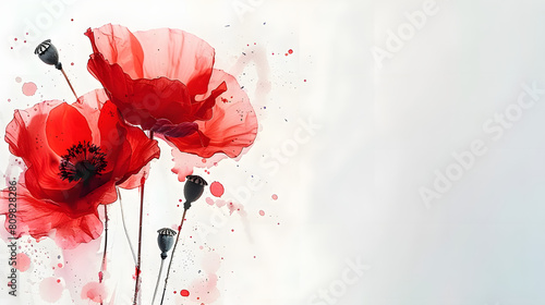 Abstract paint splash with red painted poppy. Lest we forget. Remembrance day or Anzac day symbol. With copyspace for your text. photo