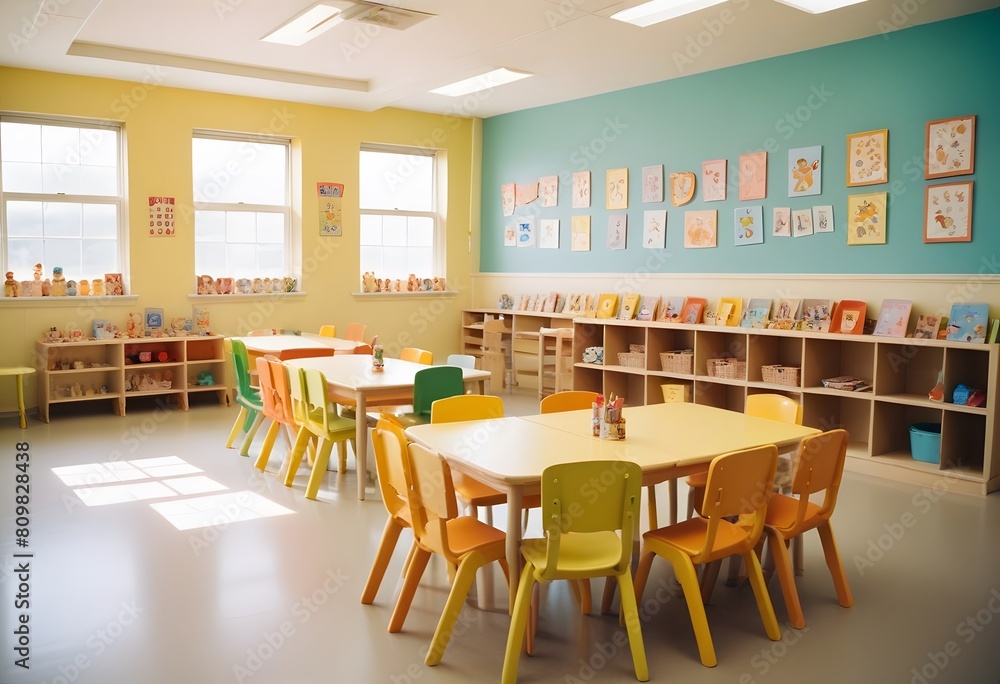 A school classroom with colorful chairs and tables for children A school classroom with colorful chairs and tables for children