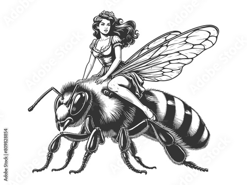 Woman ride bee. Fairy dressed in, riding atop a giant honeybee sketch engraving generative ai fictional character vector illustration. Scratch board imitation. Black and white image.