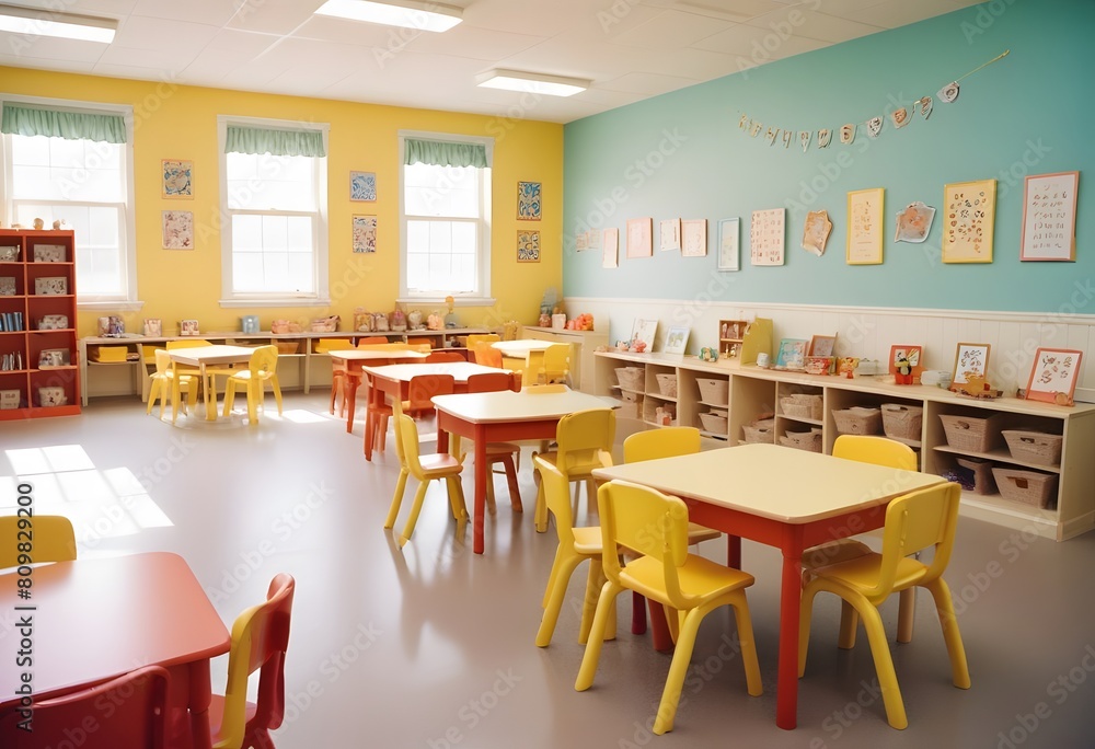 A school classroom with colorful chairs and tables for children A school classroom with colorful chairs and tables for children