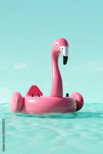 Big pink rubber flamingo in ocean. Summer travel concept. 3d render © thayra83