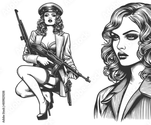 noir style female agent in a trench coat and beret, holding a rifle with a focused expression sketch engraving generative ai fictional character vector illustration. Black and white image.