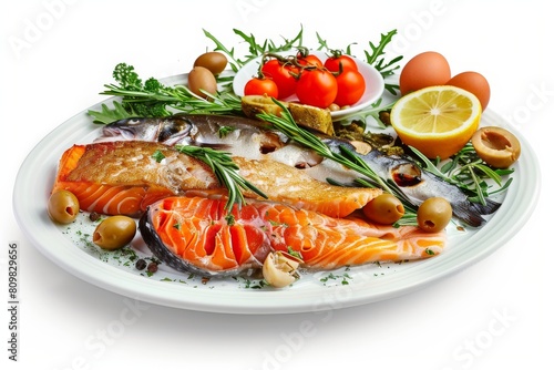 Fish Delicacies Set, Smoked Butter Fish, Salmon, Perch, Marinated Dorado, Forshmak photo