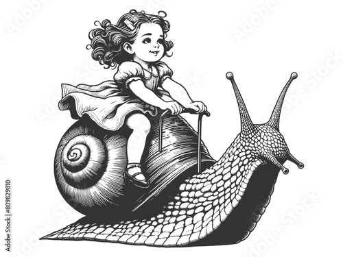 young girl joyfully riding giant snail showcasing detailed vintage-style artwork sketch engraving generative ai fictional character vector illustration. Scratch board imitation. Black and white image