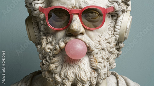 A statue of a man with headphones on and a pink bubblegum in his mouth photo